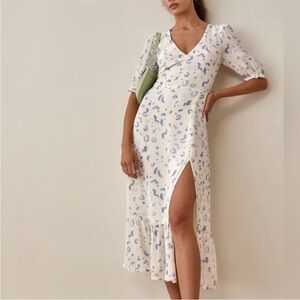 Reformation Nantes Dress with White and Blue Pattern